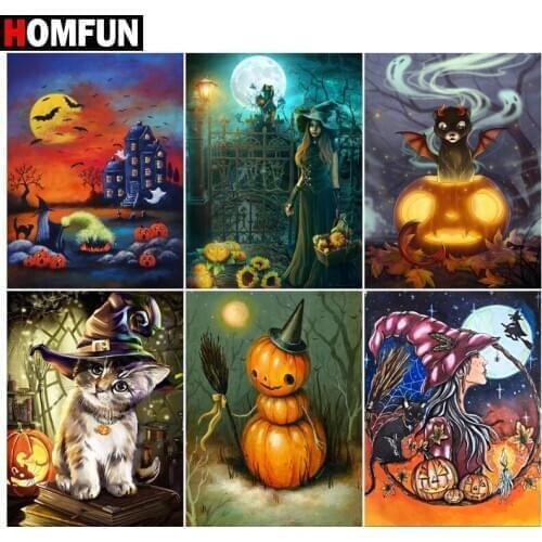 HOMFUN Full Diamond Embroidery "Halloween witch cat" Diamond Painting Cross Stitch Patterns Rhinestone Unfinished Home Decor