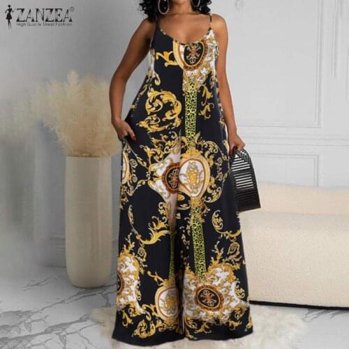 ZANZEA Women Vintage Jumpsuits 2021 Summer Stylish Print Overall Casual Strap Sleeveless Playsuits Ladies Loose Romper