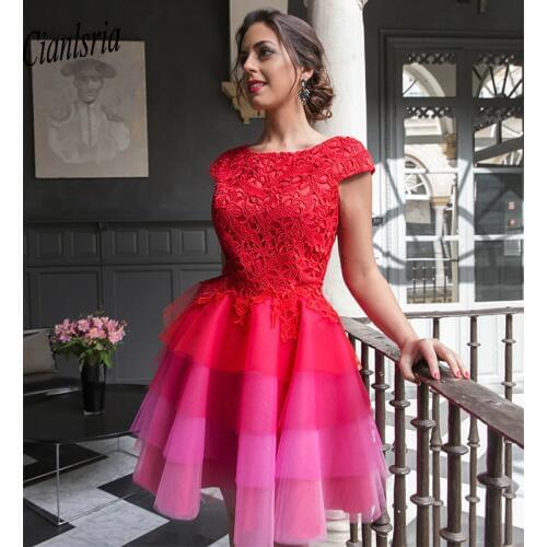 Red 2020 Elegant Cocktail Dresses A-line Cap Sleeves Short Mini Tulle Lace Party Plus Size Homecoming Dresses