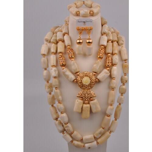 Red/Orange/White Nigerian Coral Beads Costume Necklace African Set Bridal Jewelry Sets 2-18-H1