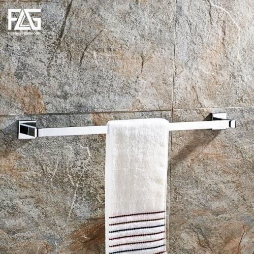 FLG Towel Bars Modern Style Square Chrome Towel Bar Wall mounted Solid Brass Bathroom Single Rail Towel Rack Hardware sets