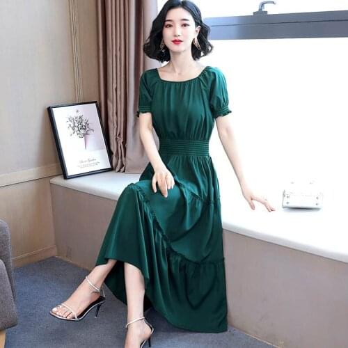 M-4XL Women Dress Summer 2021 New Casual Solid Color O-Neck Short Sleeve Elastic Waist A-Line Slim Long Dress