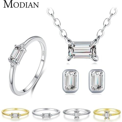 Modian 925 Sterling Silver Classic Charm AAA Zirconia Necklace Earrings Rings Bridal Wedding Jewelry Set For Women Fine Jewelry