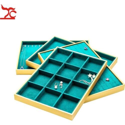 Fashion Jewelry Display Box Gold PU Necklace Pendant Storage Case Soft Green Velvet Ring Earrings Bracelet Jewelry Display Tray