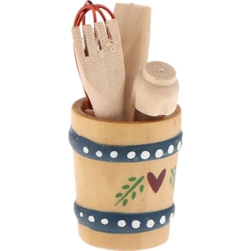 1/12th Dollhouse Kitchen Cookware, Miniature Kitchen Utensils Set Pretend Play Toys, Miniature Wooden Knife Fork Kitchen Toy Set