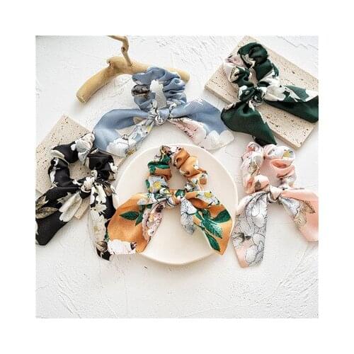 2021 New European and Beautiful Style Satin Flower Rabbit Ears Knotted Large Intestine Ring Fabric Hair Ring Headdress