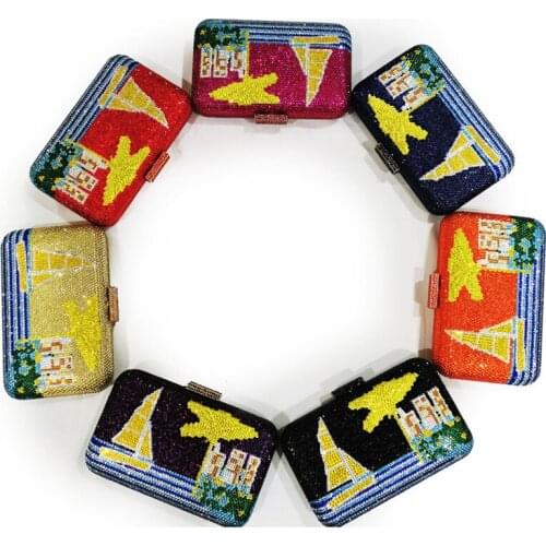 New Arrival 7 Colors Multicolored Diamond Ship Pattern Clutch Purse For Women Crystal Evening Bags Phone Clutches Mini Handbags