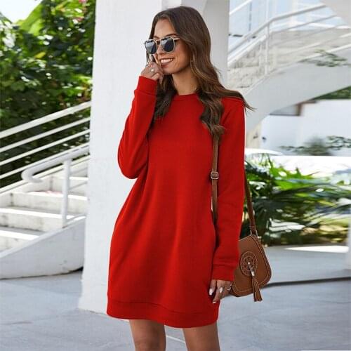 Simple Fashion Autumn Winter Solid Winter Thicken A-Line Sweatshirt Dress Casual Long Sleeve O-Neck Pullover Womens Dress