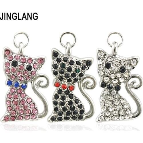 JINGLANG Charms plates hand made Rhinetone Cat Antique Silver Plated Pendants Making DIY Handmade Tibetan Silver Jewelry 30 pcs