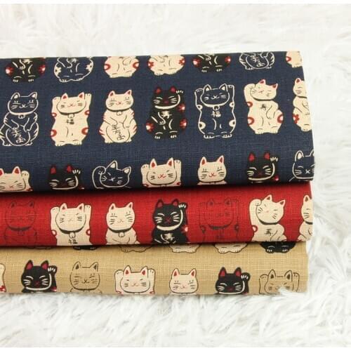 Half Yard Slub Cotton Fabric Japanese Soft Breeze Fortune Cat Print, Handmade DIY Bag Garment Sewing Material CR-630