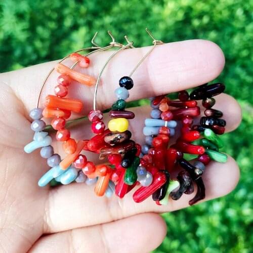 SAY 4Colors Boho Hoop-shaped Irregular Earrings Geometric Coral Beads Earrings Pure Handmade Pendant Dangle Earrings Jewelry