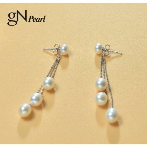 GN Pearl 925 Silver Drop Earrings Genuien 6-8mm White Natural Freshwater Pearl Earrngs Stud gNPearl Fine Jewelry for Women Gift