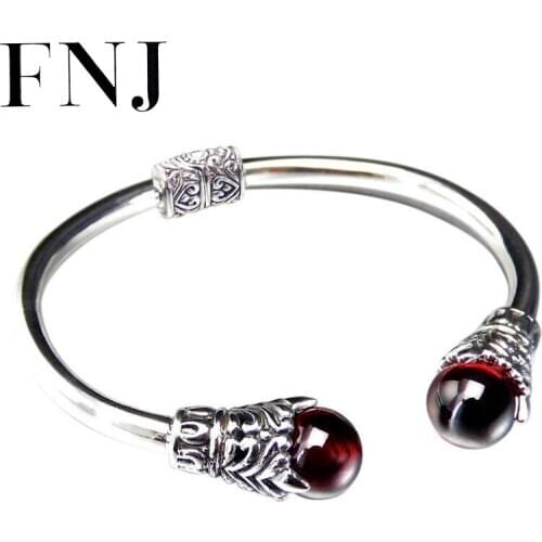 FNJ 925 Silver Lotus Bangles for Women Jewelry 100% Original S925 Sterling silver Bangle Round Green Agate Red Zircon Garnet
