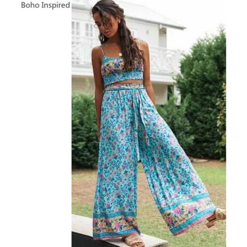 Super Chic Woman Two Pieces Set boho cotton Floral Wide-leg pants strap Crop Top Sexy Beach Vintage Casual suit Summer 2020