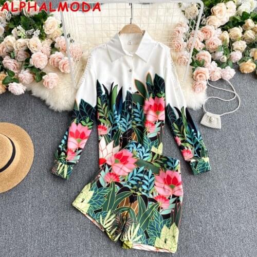ALPHALMODA 2021 Off-shoulder Long Sleeve Tropical Plant Print Shirt High Waist Wide Leg Shorts Women 2pcs Fashion Suit