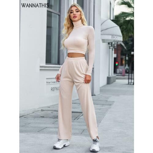 WannaThis Two-piece Women Pullover Turtleneck Long Sleeve Crop Top and Loose High Waist Womens Pants Autumn Casual Streetwear