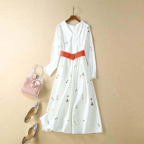 Long Sleeved Dress Woman 2021 Autumn New Turn Down Collar Printed Contrast Color Waist Belt Slim A-Line Elegant Dress Midi S-XL