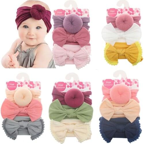 3pcs/set Solid Color Baby Elastic Headband Bows Knotted Headband Baby Girl Hair Band Soft Nylon Cute Hair Accessories