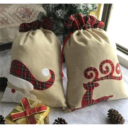 50x70cm Big Christmas Linen Tote Bag Christmas Candy Gift Big Bag Lattice Side Drawstring Pocket Gift for Children