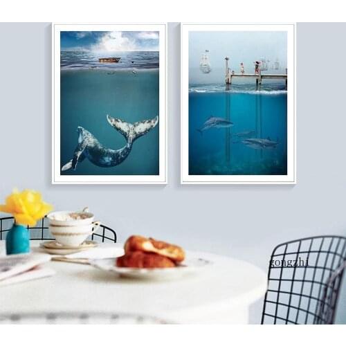 Ocean Underwater World Abstract Wall Art Canvas Painting Picture Big Fish Posters and Prints for Living Room Home Decor Modern