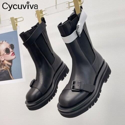 Brand Leather Buckle Chelsea Ankle Boots For Women Thick Sole Platform Mules Black Flat Knight Boots Women Runway Short Boots