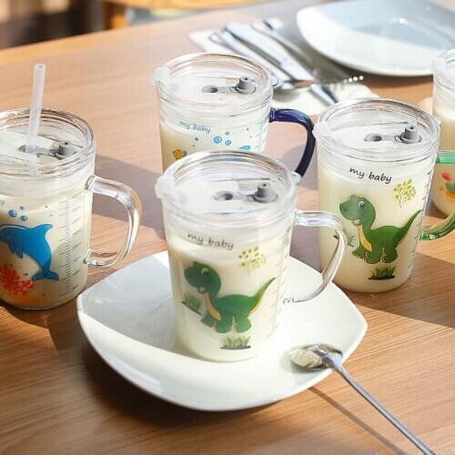 Scale Glass Cup of Milk Childrens Feeding Bottles With Straw Leak Proof Durable Cup Cartoon Water Cup Bottle With Handle