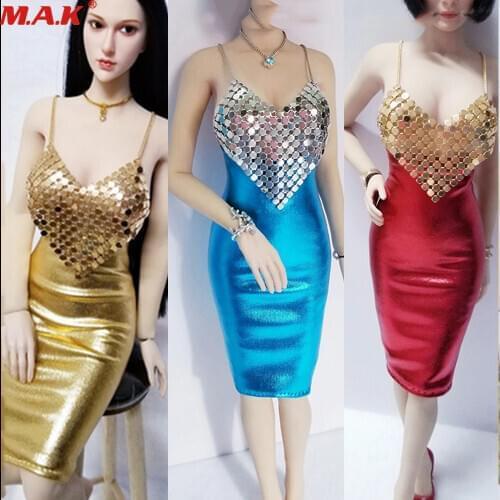 1/6 Girls Action Figure Sexy Female bling bling dress Clothes Red/Blue/gold Colors for 12 inches Bodies Dolls Accessories