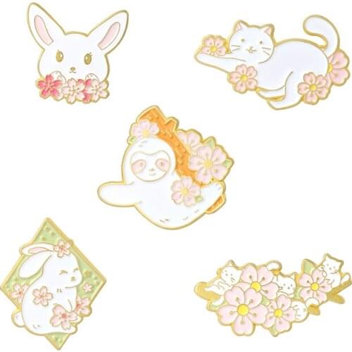 Pink Sakura Rabbit Enamel Pin Sloth Cat Brooches for Women Cartoon Animal Flower Lapel Pins Badges Kitty Jewelry Gifts Wholesale