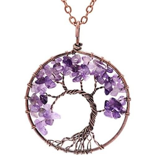 FYJS Unique Jewelry Copper Plated Wire Wrap Wisdom Tree of Life Pendant Natural Purple Amethysts Stone Necklace