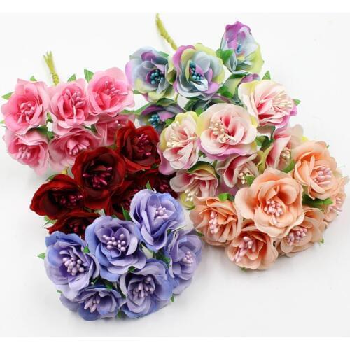 6pcs/lot 3cm artificial flower silk stamen rose bouquet for wedding home decoration DIY garland scrapbook gift box craft flower