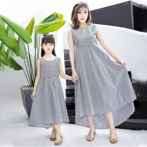 2Pcs Mom and daughter dress Set Family matching clothes Stripe Elegant Sleeveless Long Dress For Mother Daughter Mommy and me