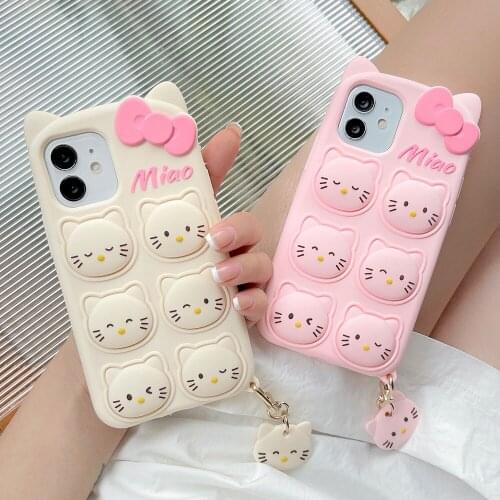 Cute 3D Bow Stress Reliever Cat Soft Silicone Case For iphone 12 Pro Max X 8 7 6 plus SE 2020 XS XR 11Pro Max With Pendant Cover