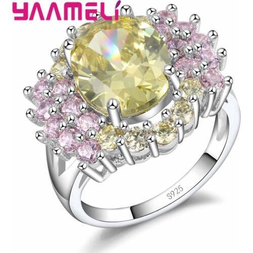 Lower Price Hot sale Yellow Stone Decorated With Pink Crystal Cubic Zirconia 925 Sterling Silver Ring For Wedding Gift