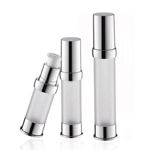 New design : 15ml frosted airless bottle with UV silver pump and bottom silver lid lotion bottle used for Cosmetic Container