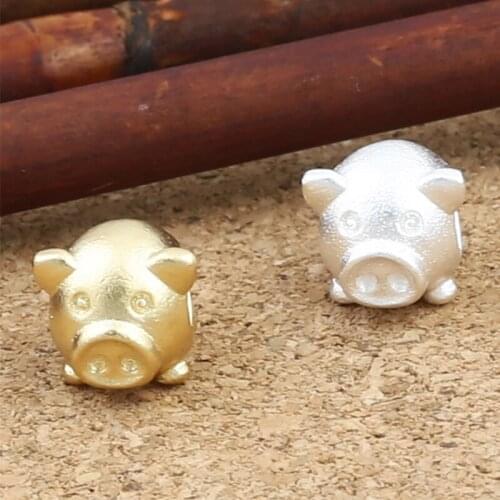 Wholesale S925 Sterling Silver DIY Plain Accessories Sandblasted Gold Plated Pig Zodiac Big Hole Hand Beaded