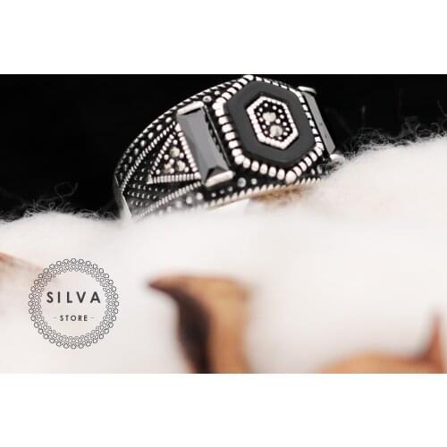 Original 925 Silver Mens Ring. Man Jewellery With Special Cut Bakelite, Zircon And Margazit Stones