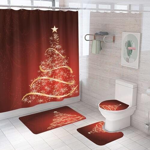 Star Christmas Tree Pattern Fabric Shower Curtain Bathroom Curtains Happy New Year Anti-slip Bath Mat Toilet Seat Cover Carpet