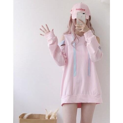 Japanese Style Pink Hoodies Women Off Shoulder Long Sleeve Hooded Sweatshirts Pullover Sweet Hoodie Fashion Lace Up Tops Girls