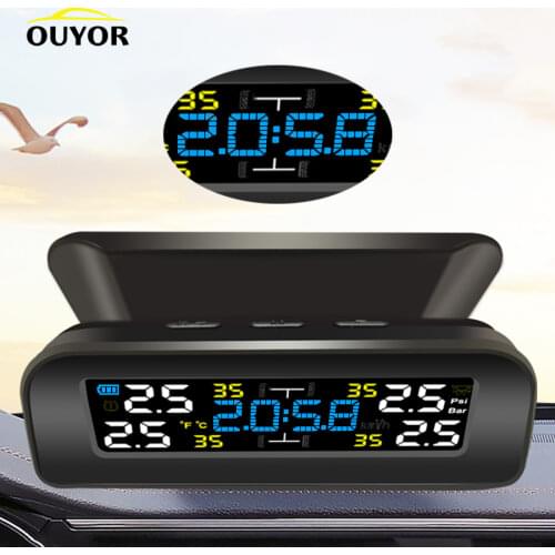 Universal TPMS Wireless Tire Pressure Monitoring System Solar Power Clock LCD Display 4 External Sensor Tire Pressure Sensors