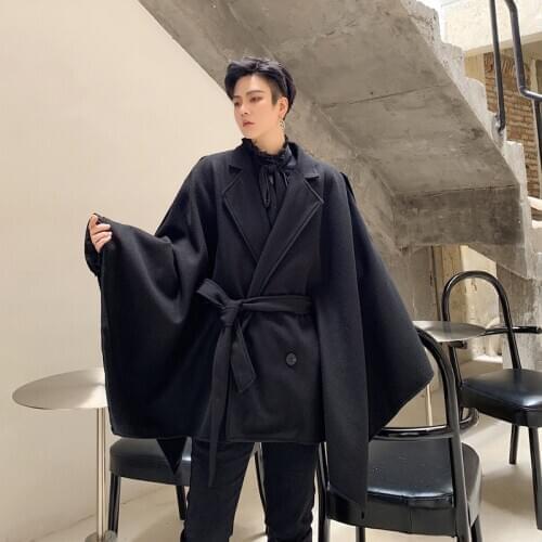 Streetwear Vintage Hip Hop Gothic Sashes Outerwear Coat Stage Clothing Men Winter Oversize Loose Casual Woolen Cloak Jacket Male