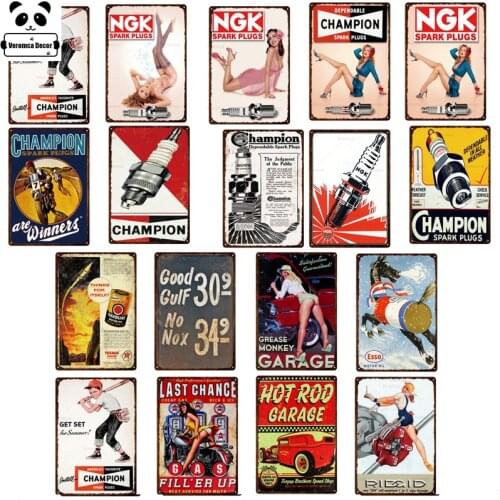Vintage Poster Spark Plugs Pin Up Girl Metal Plate Tin Signs Gulf Motor Oil Car Garage Service Gas Station Wall Decor Plaque