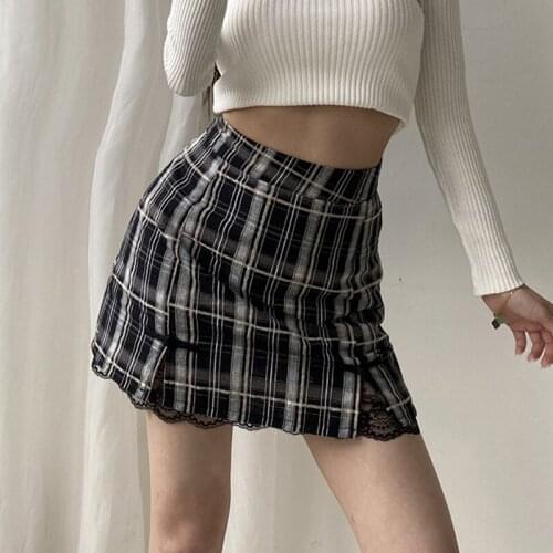 Women Plaid Empire A-Line Skirt Vintge Lace Lady High Waist Mini Skirts Sweet Kawaii Female Above Knee Skirt Harajuku
