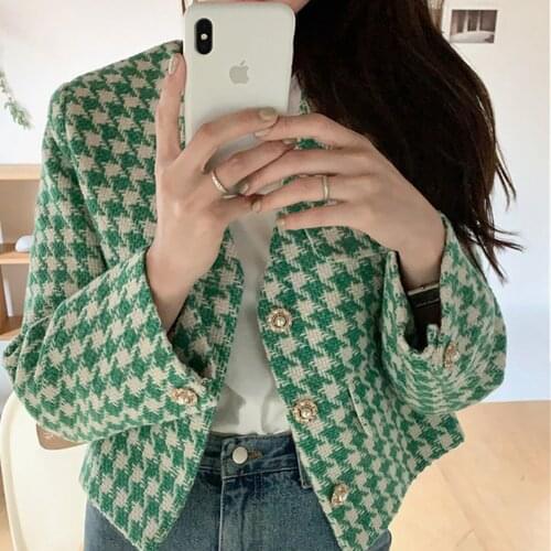 2020 New Korean Casual Plaid Women Jackets Loose V-neck Single Breasted Fashion Houndstooth Fall Jackets Fashion Ladies Coats