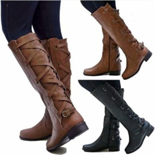 Women Knee Boots Thick Heels Zipper Lace Up Womens Buckle Shoes Woman Fashion Boot Punk Female Plus Size Drop Shipping