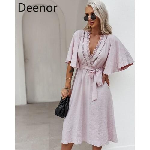 Deenor 2021 Women Dress Boho Lace Ruffle Short Mini Dress Summer Sexy V-Neck Party Holiday Dresses Femme Vestido De Mujer Robe
