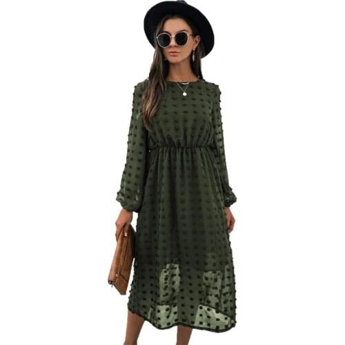 Spring Autumn Dress Women 2021 Casual O-neck Long Sleeve Chiffon Jacquard Midi Dresses Vestidos
