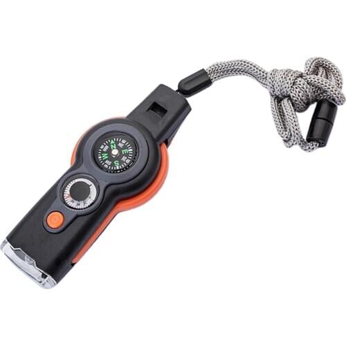 7 in 1 Emergency Hiking Safety Whistle Reflector Mirror Flashlight Keychain