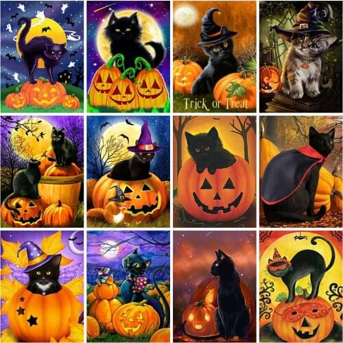 HUACAN DIY Diamond Painting 5d Cat Pumpkin Full Square Diamond Embroidery Cross Stitch Halloween Mosaic Pictures Wall Art