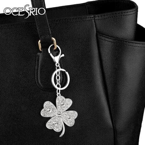OCESRIO Big Four-leaf clover Charms Keychains For Women Men crystal Silver Color Metal Key Chain Pendant Jewelry kch-a03