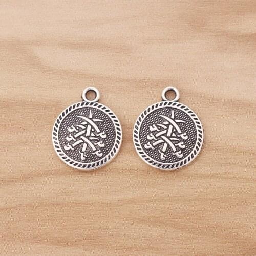 20 Pieces Tibetan Silver Sword Pattern Carved Round Charms Pendants 2 Sided Beads for Jewellery Making Findings